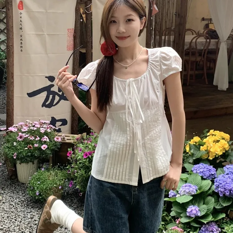 韩版甜美系带收腰纯棉白色短袖衬衫女夏季学院风衬衣泡泡袖上衣潮