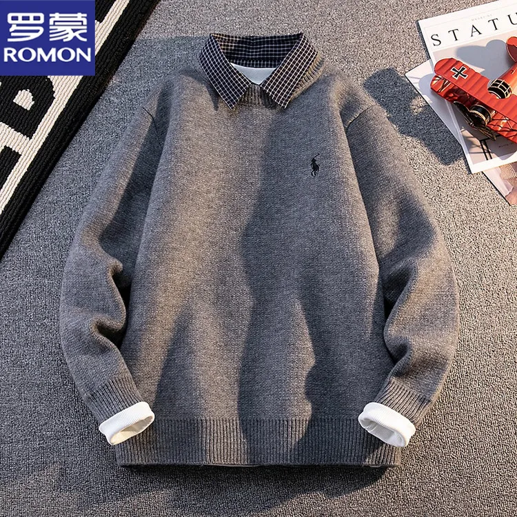 罗蒙假两件毛衣男士秋冬季2025新款高端潮流简约加厚衬衫领针织衫
