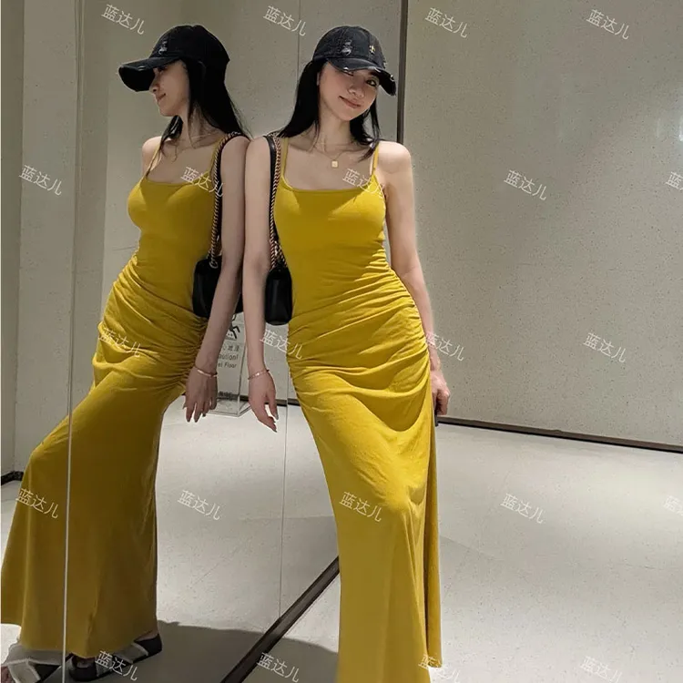 蓝达儿【可拆胸垫橡皮筋款】修身显瘦夏季辣妹吊带长款连衣裙A字裙