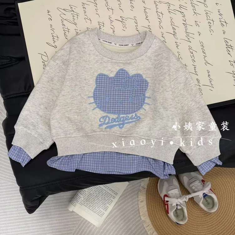 【加绒】女童冬加厚卫衣格子刺绣休闲上衣儿童加绒时尚衣服