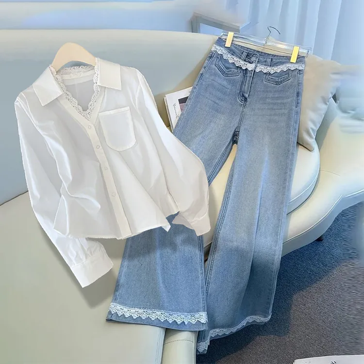 小众炸街高级感女装气质蕾丝拼接白衬衫洋气花边牛仔裤两件套装春
