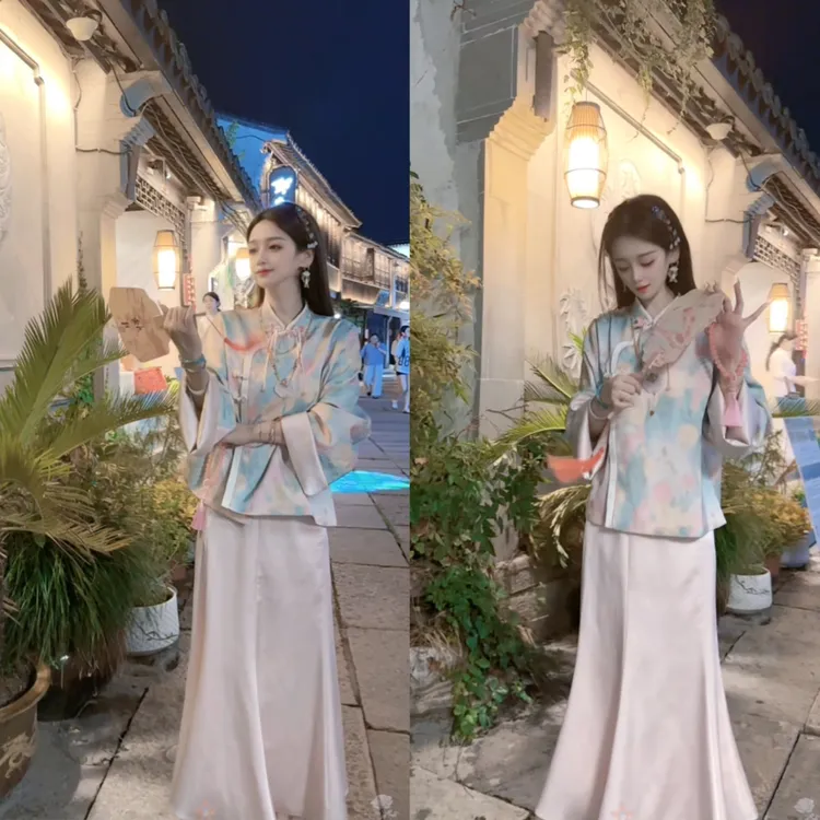早秋清冷贵气感穿搭巨好看新中式国风醋酸缎面提花旗袍连衣裙套装