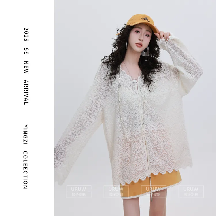 颖子定制【反转秀场】高级感镂空蕾丝V领上衣女时尚气质蕾丝T恤6720