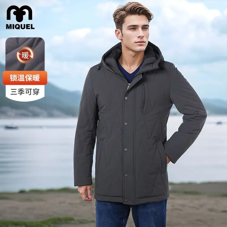 米盖尔时尚休闲棉服秋冬连帽刺绣LOGO恒温保暖御寒防风耐磨中长款