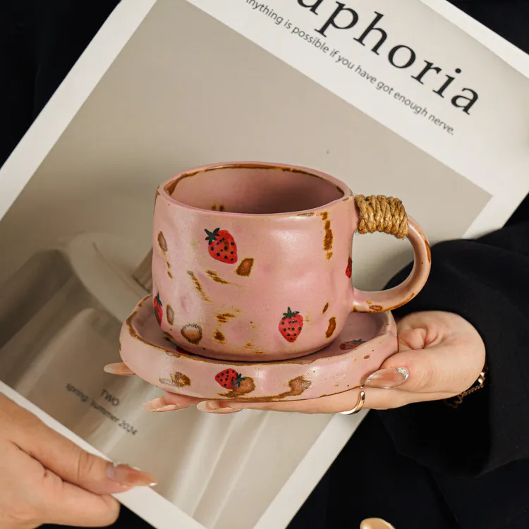 复古窑变咖啡杯碟高级感粉色陶瓷杯子水杯小众马克杯茶杯伴手礼品