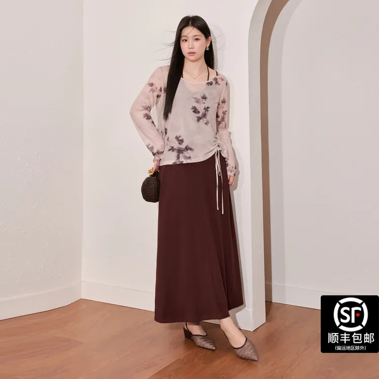 大码显瘦大圆领扎染网纱系带上衣双吊带U形领针织连衣裙套装