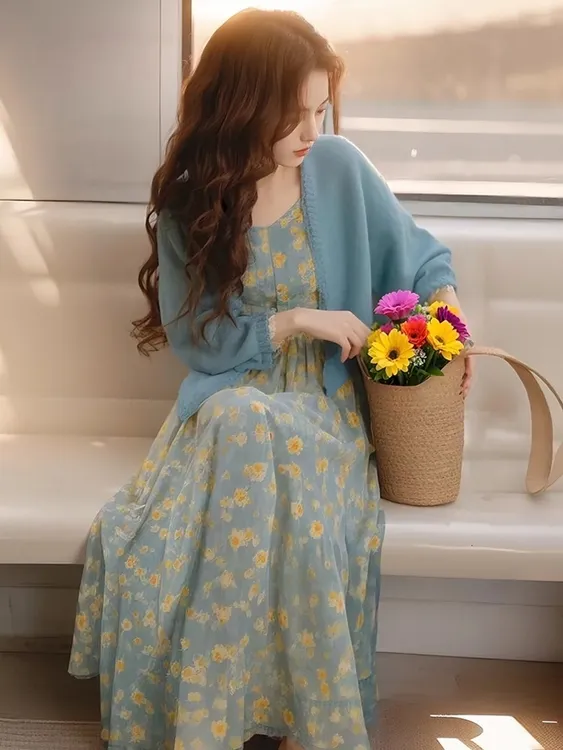 2025春季一整套女高级感穿搭针织开衫显瘦碎花吊带连衣裙两件套女