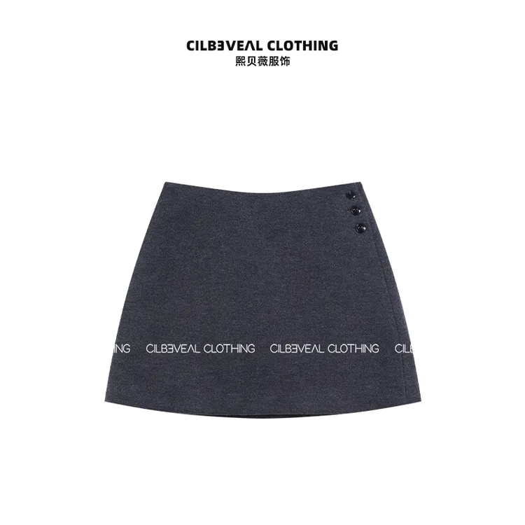 熙贝薇9 欧货天丝羊毛纽扣设计秋冬新款含内衬复古显瘦裙裤 G5531