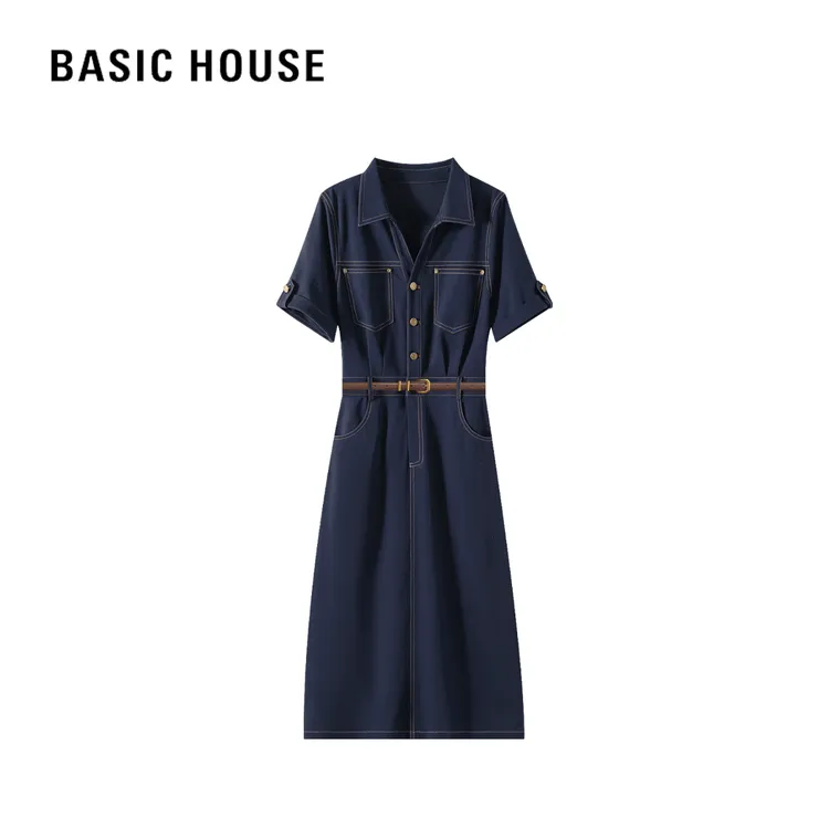 Basic House/百家好D夏季气质轻薄时尚休闲女士法式收腰连衣裙女