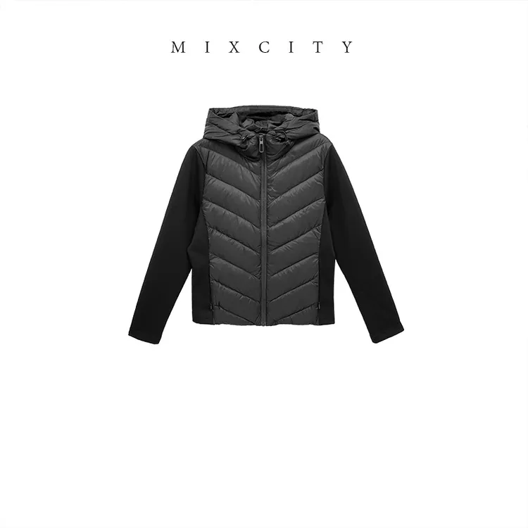 【MIXCITY亚楠家】人字羽绒◆特价款拼接绗缝白鸭绒连帽羽绒服9198