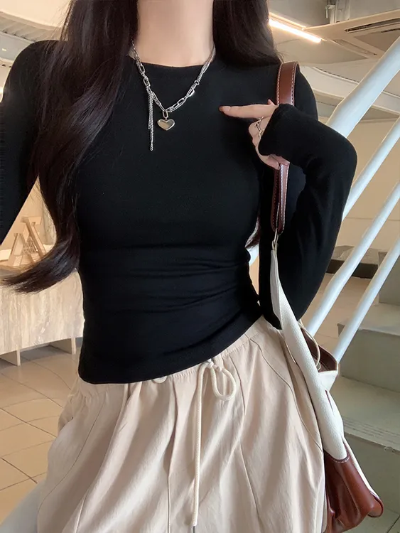 2025秋季新款纯色打底衫女春秋冬内搭掐腰显瘦长袖t恤上衣8806-1