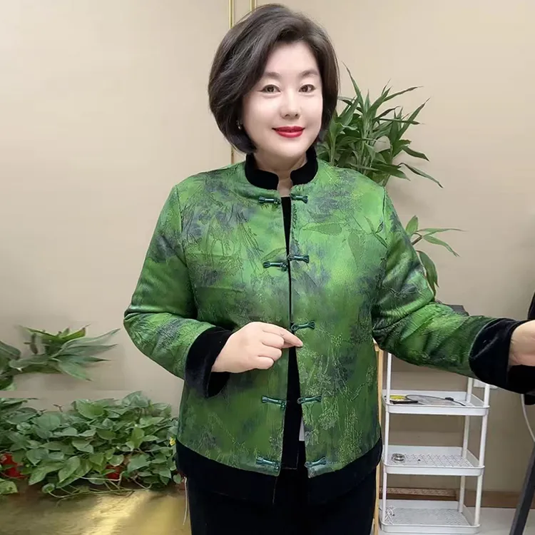 H秋冬新款新中式丝缎拼接丝绒外套中老年女装国风唐装夹棉上衣