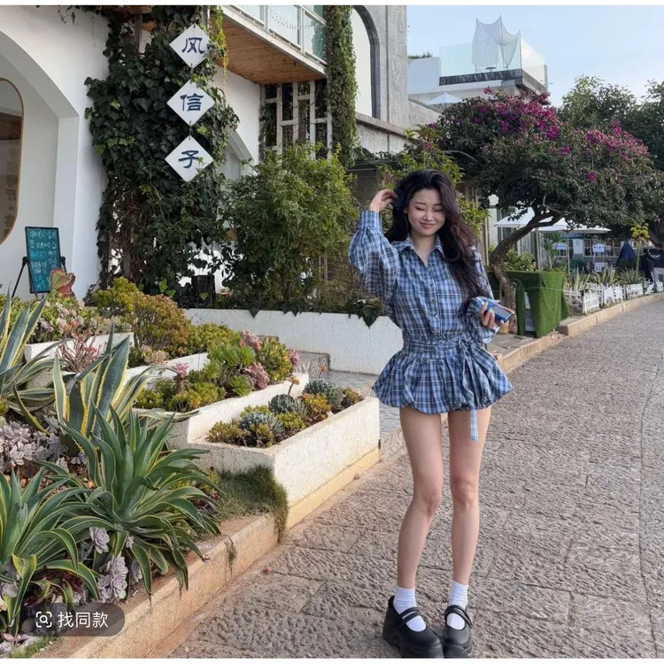 【小李女装原创店】“甜心辣妹”蓝调纯欲复古格纹衬衫裙裤套装