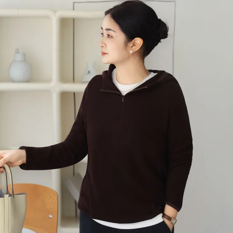 麻享蚕丝澳绒连帽衫显瘦分割线卫衣戴帽打底帽衫FSY51043