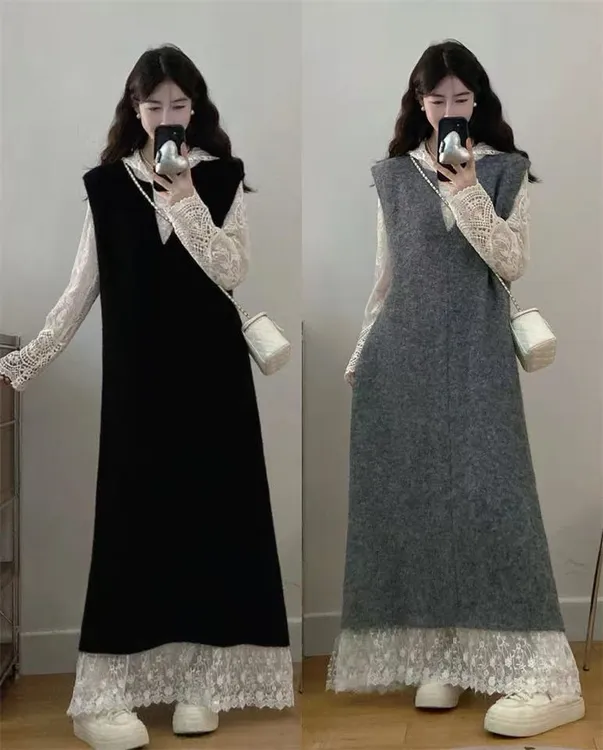 2025胖mm洋气韩系简约时尚休闲显瘦气质蕾丝内搭+长马甲套装8922