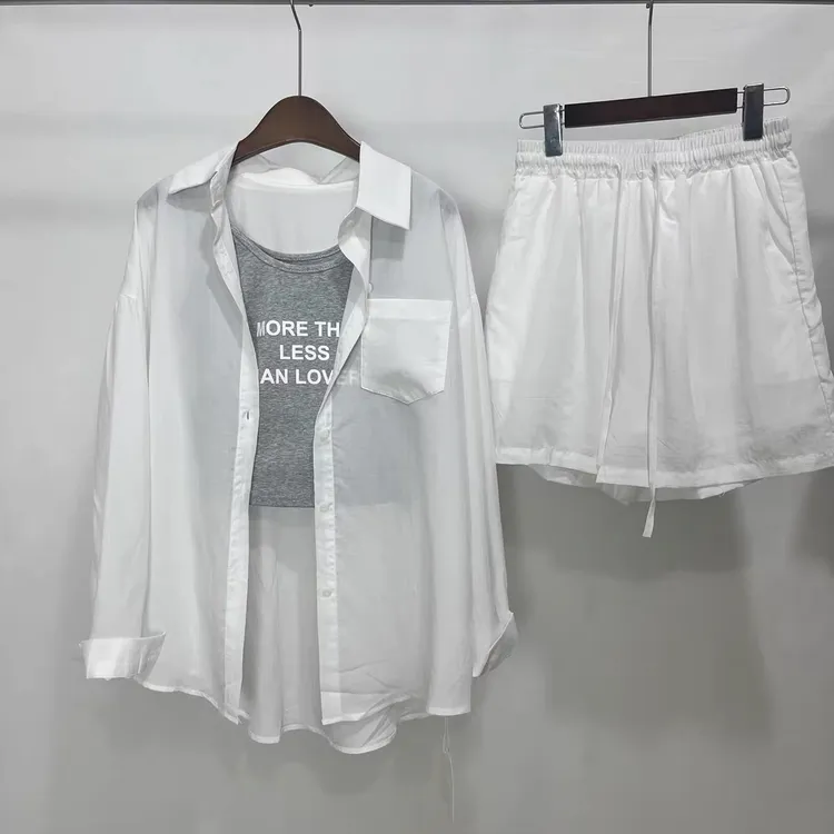 简约防晒衬衫+字母背心+休闲短裤三件套-2118