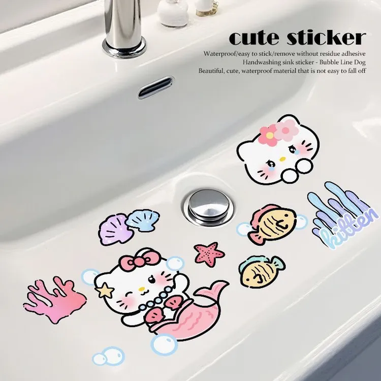 可爱KT卡通洗手台卫生间浴室厨房瓷砖防水翻新遮丑贴纸贴画装饰