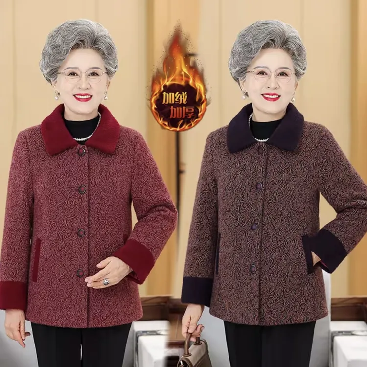 F721妈妈装冬款加绒加厚开衫外套中老年女装开衫保暖上衣奶奶外套