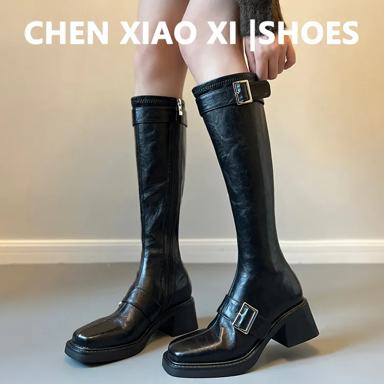 牛皮版！复古皮带扣弹力瘦瘦靴女侧拉链厚底增高骑士靴粗跟长筒靴