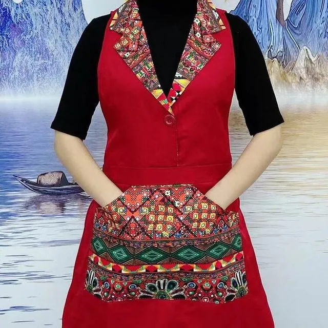 1819新民族风格翻领背心花卉时尚厨房防油防水修身高档西装围裙