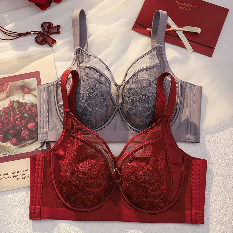 红色性感内衣女薄款大胸显小收副乳防下垂调整型结婚新娘文胸套装