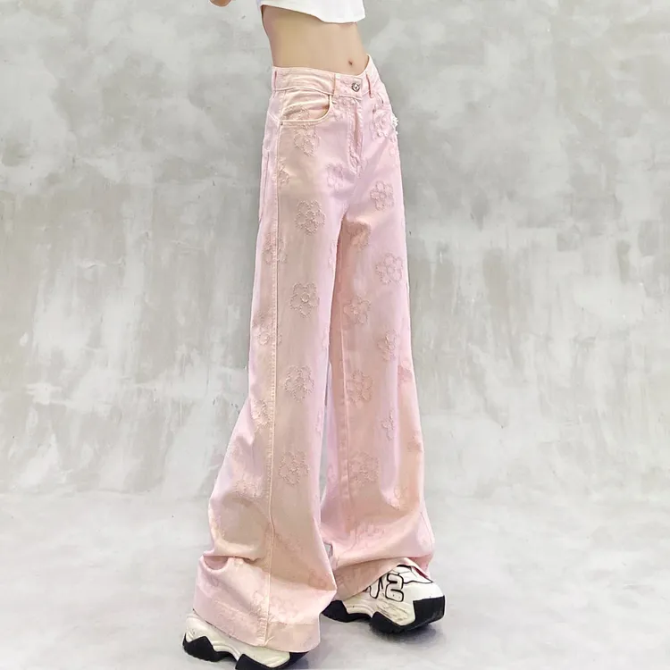 花朵提花装饰休闲牛仔裤女秋新款高腰宽松显瘦百搭直筒阔腿拖地裤