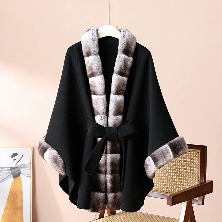 秋冬新款青紫蓝皮草羊绒羊毛斗篷外套女大衣中长款V领气质时尚