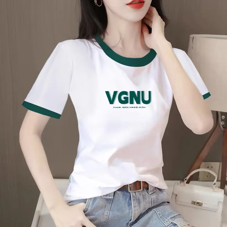 正肩显瘦短袖t恤女士夏季修身半袖体恤小众字母印花撞色圆领上衣
