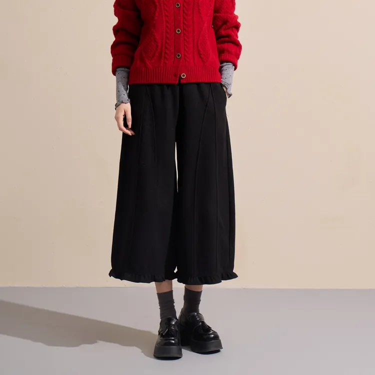 西町村屋复古灯笼裤女装2025冬季新款简约木耳边休闲裤XHAD10949