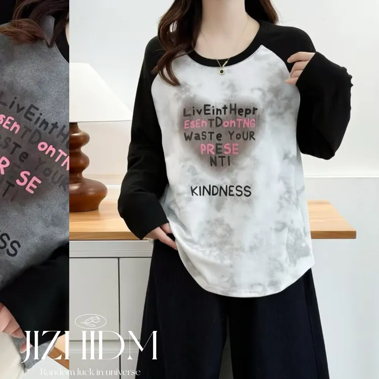 【100-200斤】秋冬双面绒保暖扎染设计撞色拼接圆领长袖卫衣女显瘦