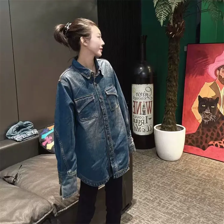 美式复古水洗加绒牛仔衬衫外套女冬季宽松加厚中长款叠穿内搭衬衣