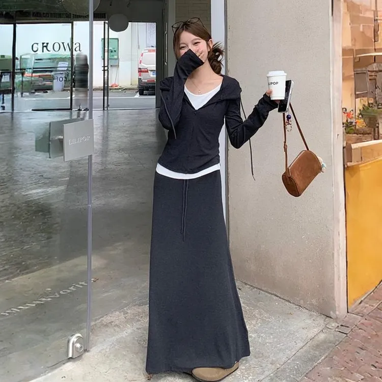 韩系松驰感假两件连帽修身长袖上衣A字半身裙女2025秋季时尚套装
