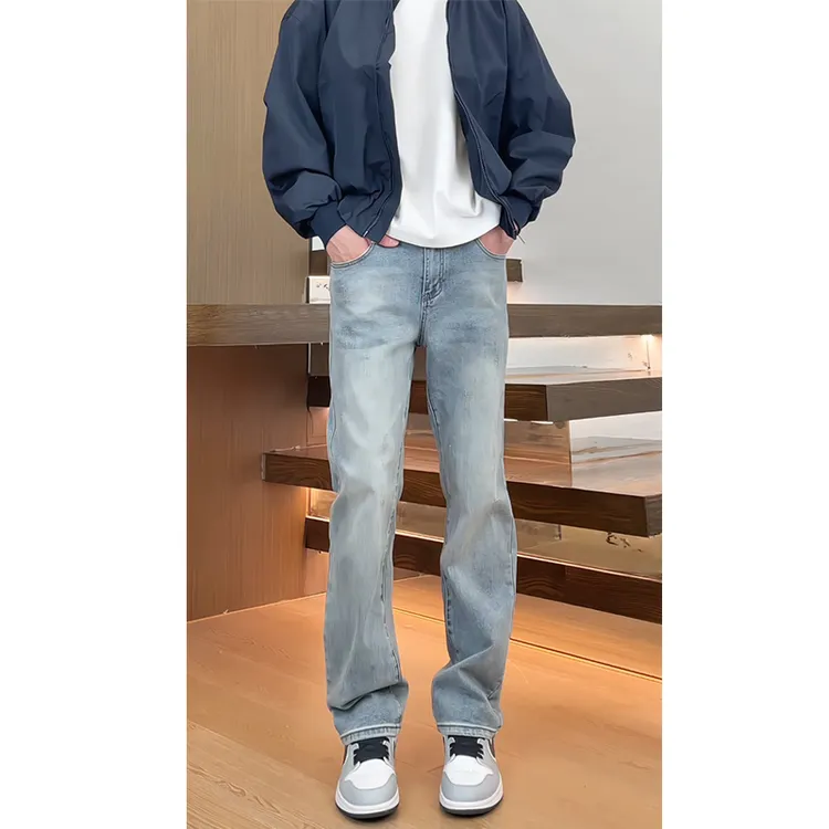 美式秋季男士直筒牛仔裤浅蓝色cleanfit美式高街男生复古合身长裤