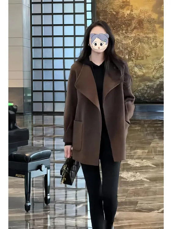大码简约风休闲咖啡色毛呢外套女2025秋季新款韩版巨显瘦呢子大衣