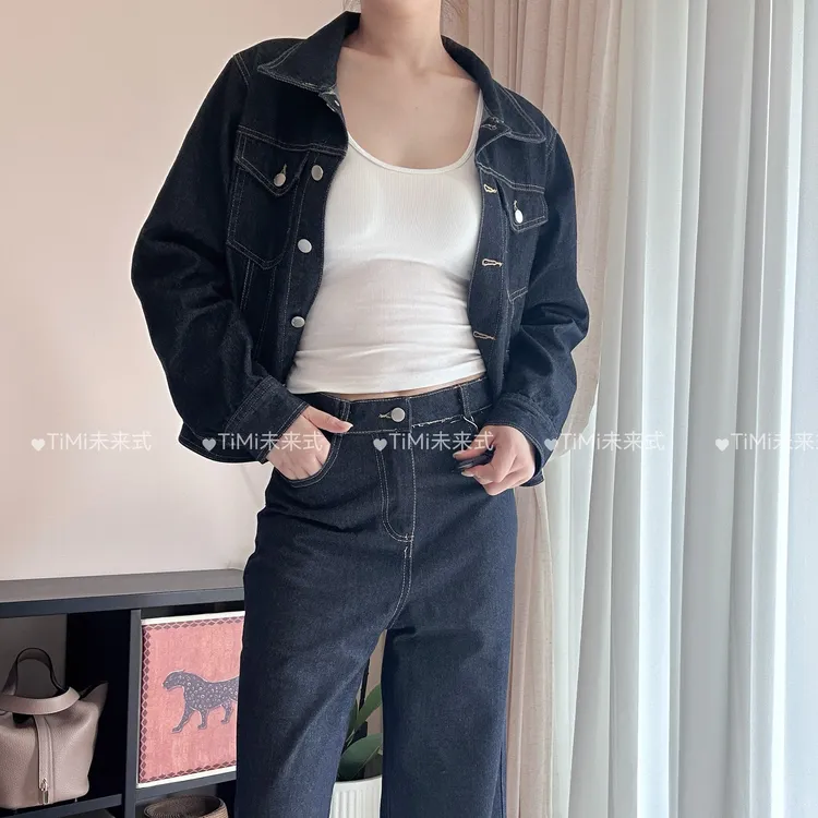 丹宁蓝牛仔短外套搭配直筒裤长裤套装新款