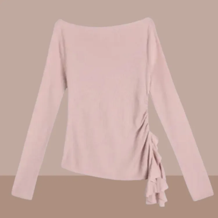 香朵儿韩系一字领长袖针织衫2026年春秋新款舒适荷叶边抽褶上衣女