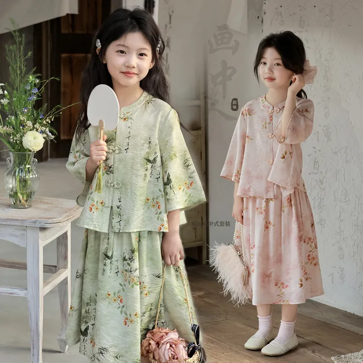 中国风女童套装汉服儿童唐装夏季女孩中大童中式裙子两件套演出服