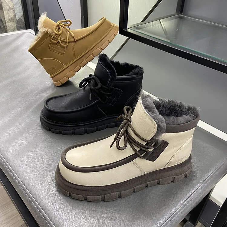 高帮韩版ins丑萌面包鞋小丑鞋马丁靴男雪地靴真皮全羊毛保暖棉鞋