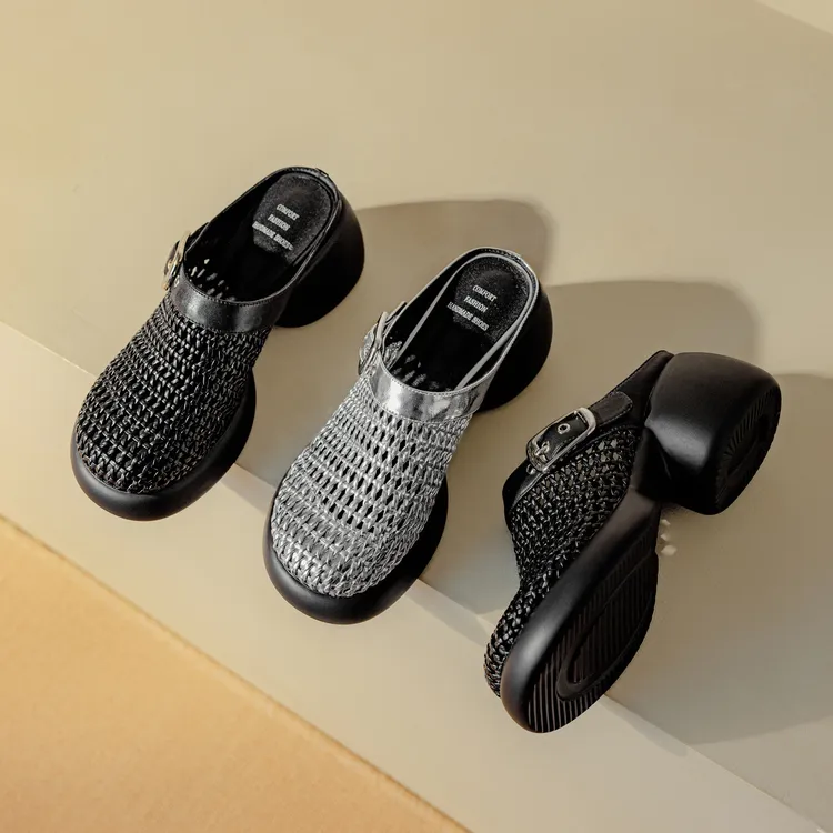 7厘米松糕底里外全皮透气不闷脚编织包头拖鞋一脚蹬休闲镂空百搭