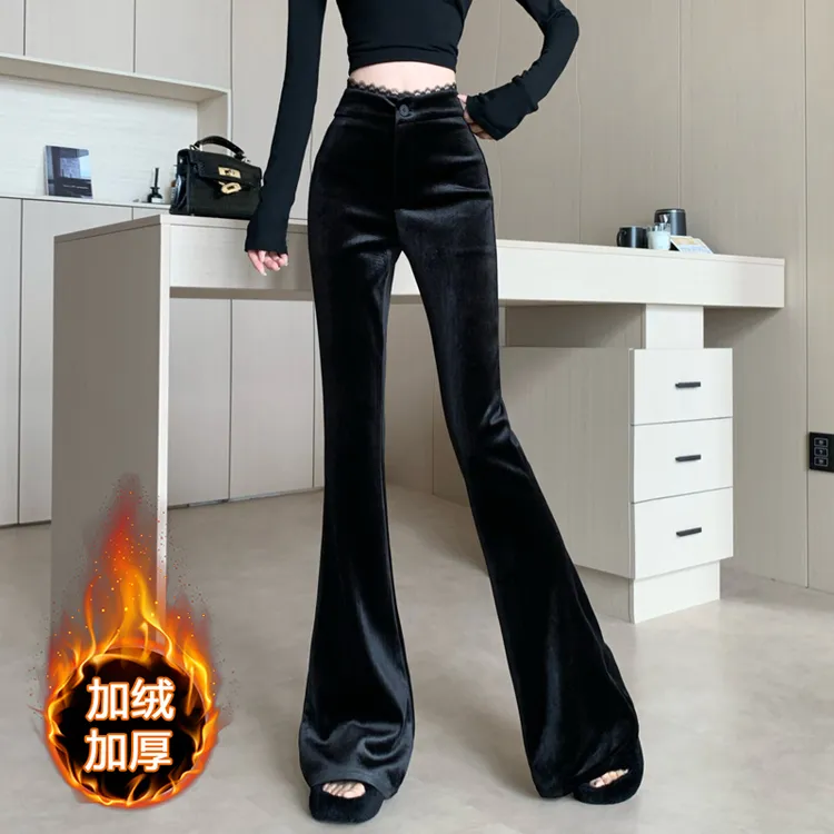 黑色垂感金丝绒微喇裤女秋冬加绒蕾丝拼接高腰修身显瘦休闲拖地裤