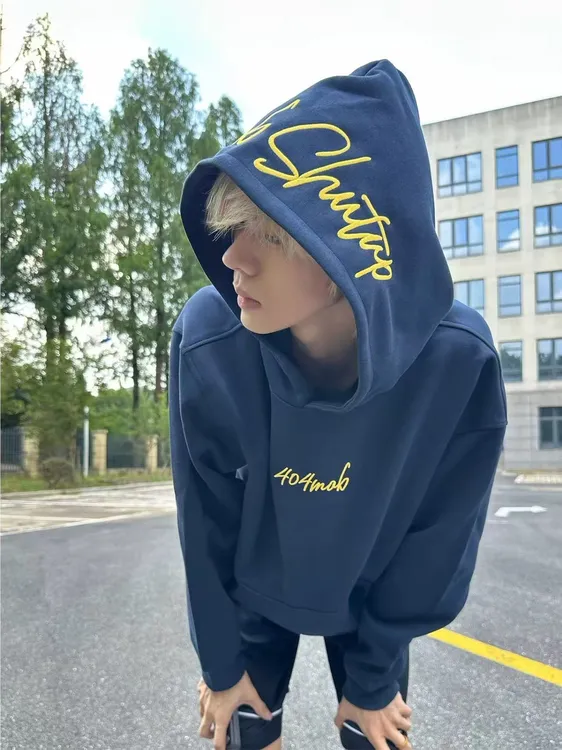 连帽刺绣连帽衫校园美式加绒男卫衣字母灰色印花男士
