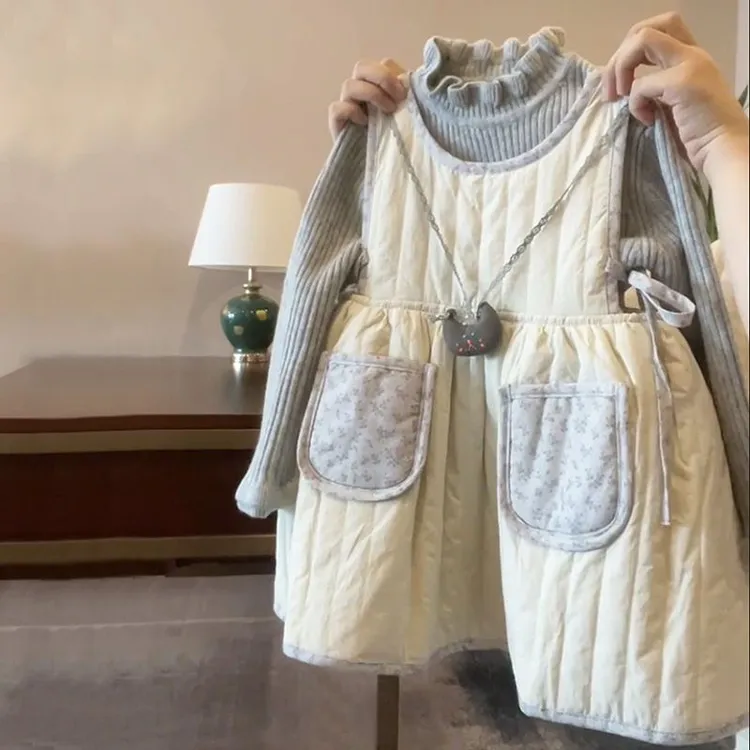女童2025秋冬韩系背心裙百搭灰色打底衫套装女宝宝洋气甜美棉服裙