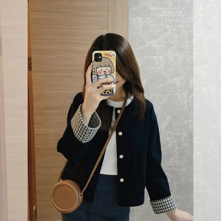 高级感气质复古格子拼接夹克藏蓝色灯芯绒外套女春秋休闲短上衣