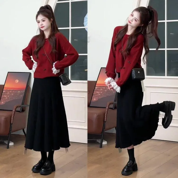 减龄搭配一整套装秋冬装2025新款小香风红色针织毛衣半身裙两件套