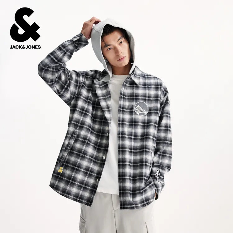 杰克琼斯秋季男装夹克外套格子衬衫时尚百搭潮流NBA联名款连帽