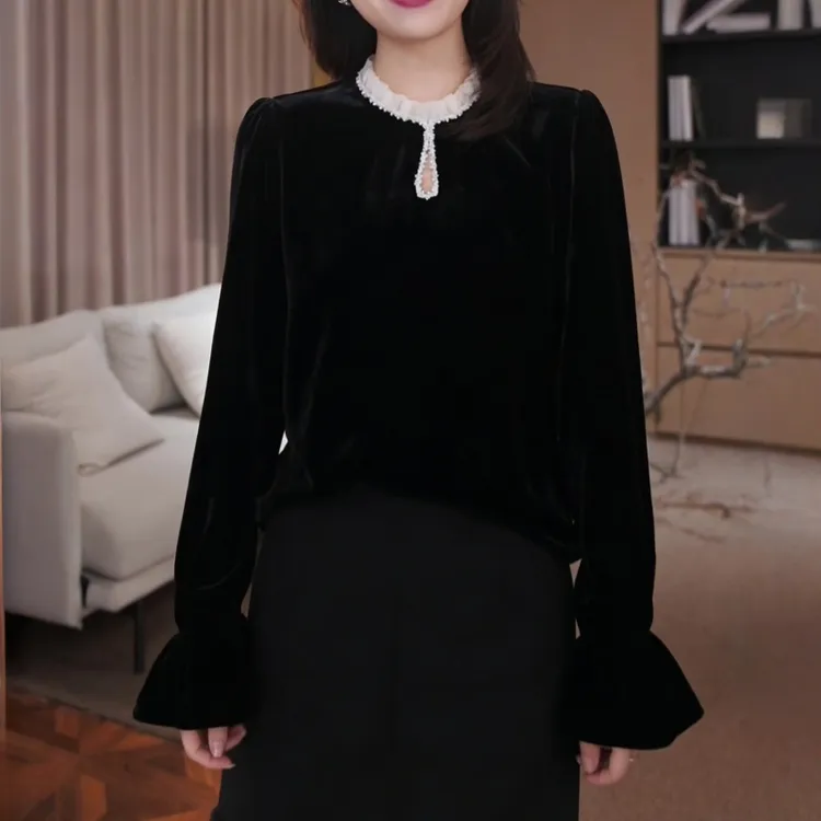 法式名媛风气质黑色丝绒上衣女秋冬新款设计感时尚洋气休闲打底衫