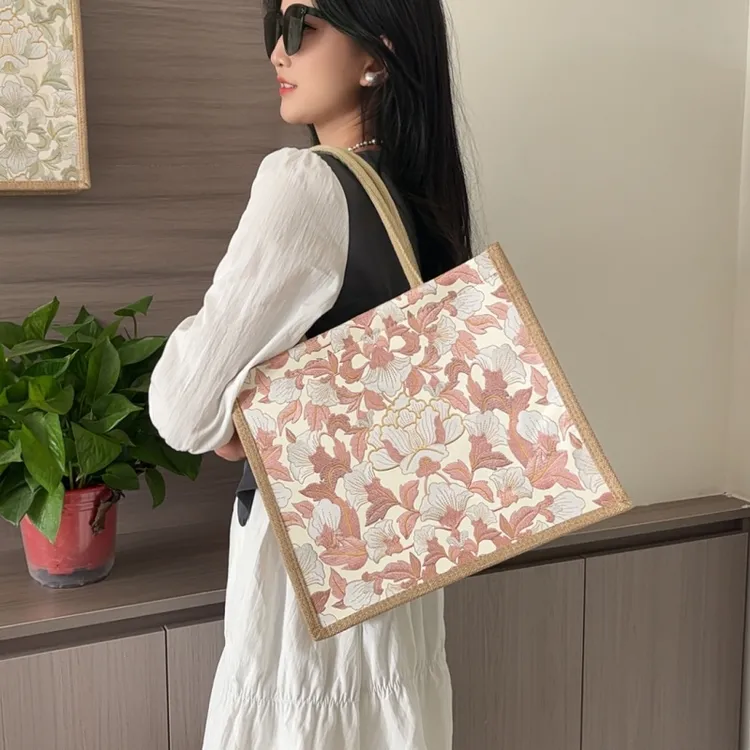 高级感简约休闲亚麻女士托特包时尚百搭大容量手提包外出复古小众