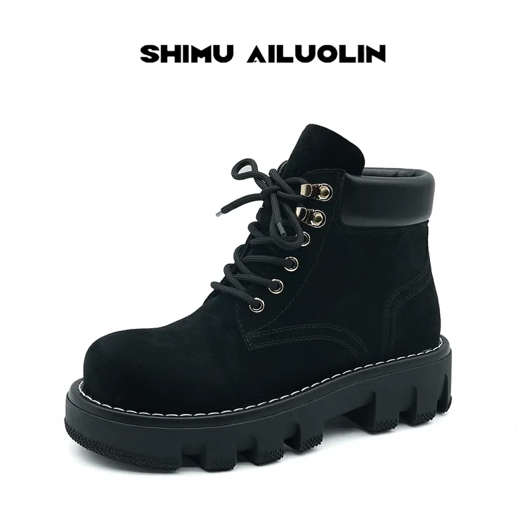 诗慕·爱洛琳【复古潮流】时尚新款真皮百搭增高爆款秋英伦加绒短靴