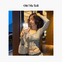 Oh！Me Tell【纯欲辣妹】撞色假两件挂脖蕾丝花边绑带修身上衣T恤女 