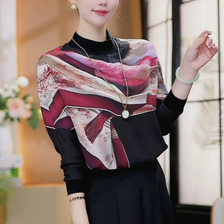 2025打底衫国风时尚减龄上衣风景民族风圆领套头印花减龄T恤女
